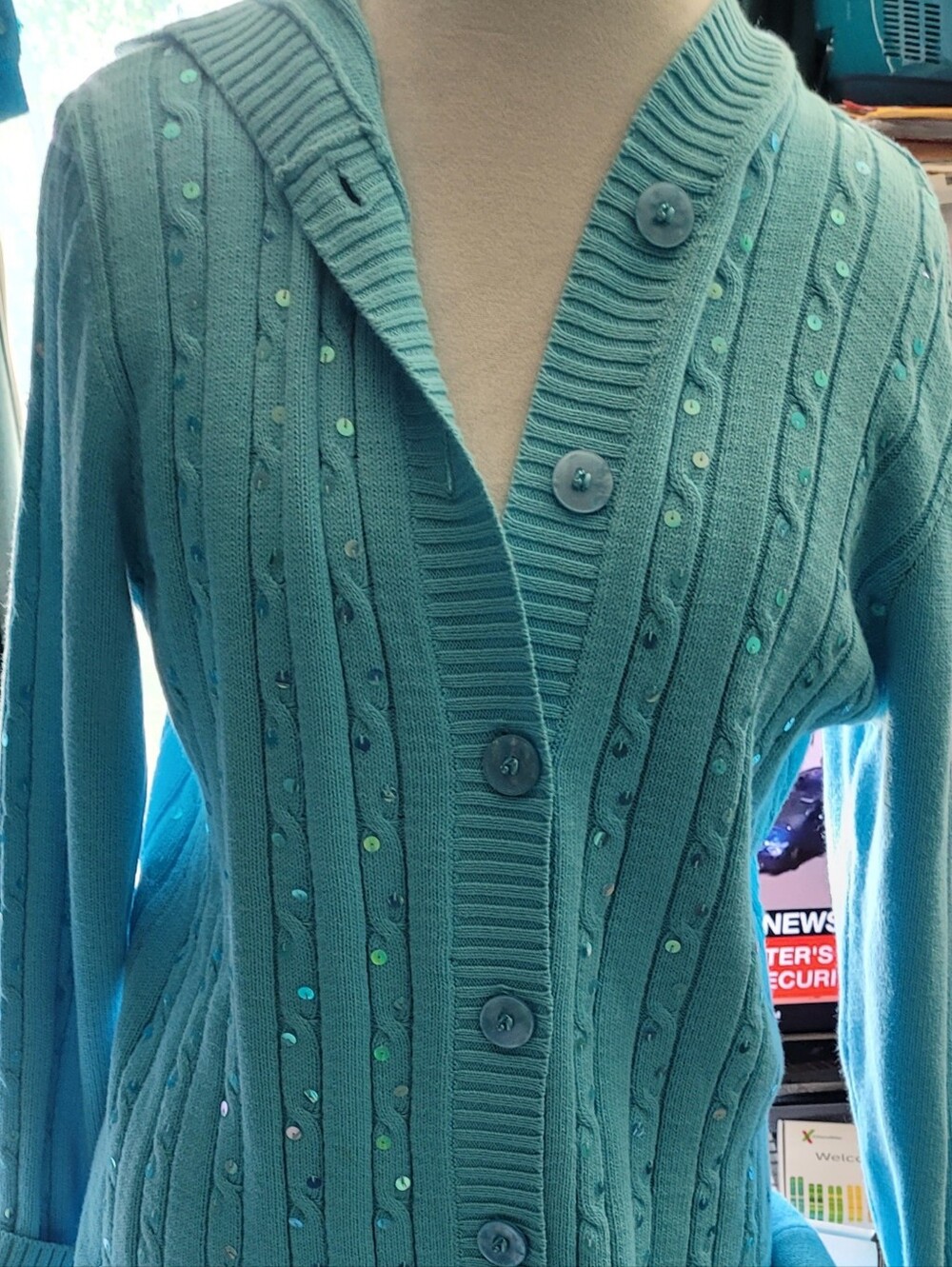 Quacker Factory Blue Sequinned Cardigan Tunic W. Hood, NWT, SZ S